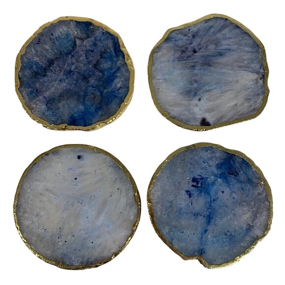 Set of Four Agate Blue Glass, Gold-Tone Trim Coasters w/ Felt Made In India 4"D - Picture 1 of 3